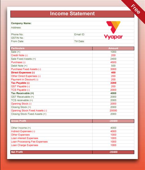 Image result for Statement of Income Example