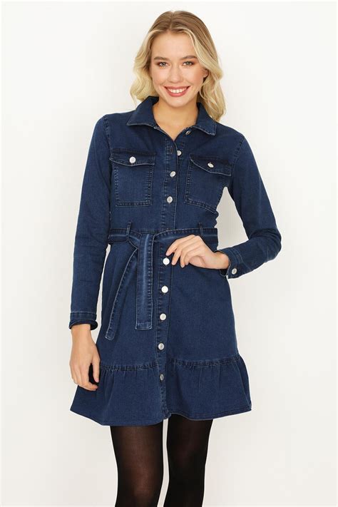 Mavi Button-Up Belted Ruffled Mini Denim Dress - Select Moda | ElbiseBul