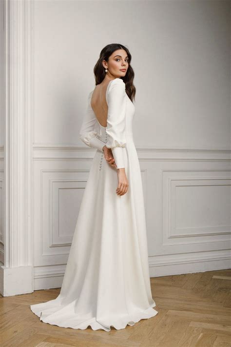 Square neck wedding dress with long sleeves minimalist low back wedding dress elegant wedding ...