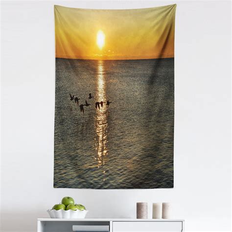 Bird Tapestry, Silhouettes of Canadian Geese Flying over a Lake at Sunrise Romantic Scenery ...