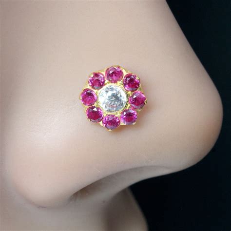 Beautiful Flower 14K Pure Gold Pink White CZ Indian Style Nose Stud No ...
