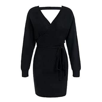 SR STORE V Neck Knitted Long Sleeve Autumn Winter Dress Black : Amazon ...