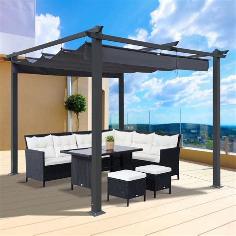 10' x 9' Outdoor Pergola with Retractable Canopy Shades, Steel Frame ...