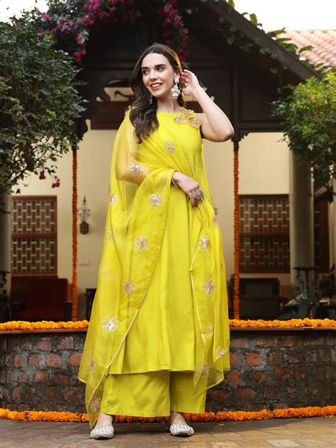 Stylum Women's Corn Solid & Embellished Rayon Flared Kurta Palazzo Dup ...