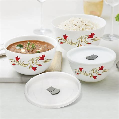 Buy Larah by BOROSIL Red Lily Set of 3 Mixing & Serving Bowls with Lids ...