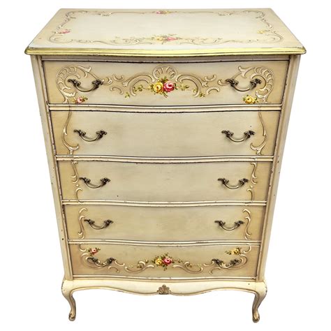 French Provincial Style Highboy Chest of Drawers or Dresser with Floral ...