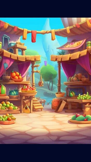 Cartoon illustration of a fruit and vegetable market with a lot of ...