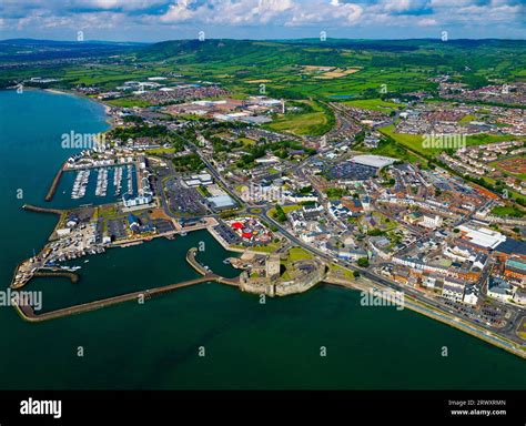 aerial of Carrickfergus, Castle, Marina and town, Belfast Lough, County ...