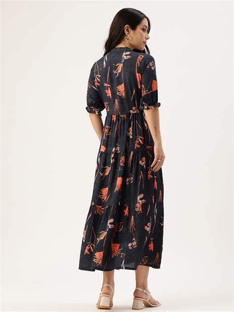 Blue Digital Print Puff Sleeves Midi Dress – Amukti - The Women's ...