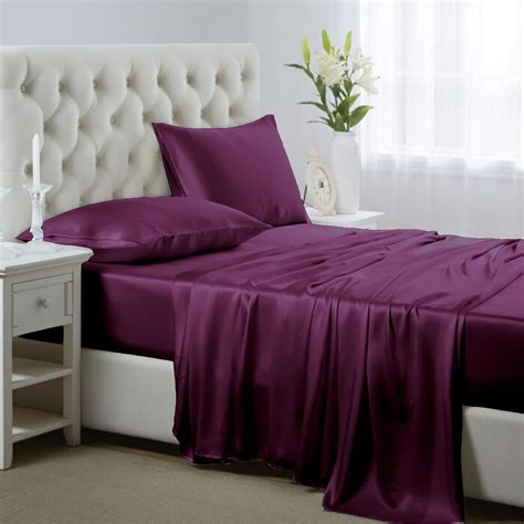 Luxury Satin 4-Piece Sheet Set, Queen Size with Deep Pockets, Purple ...