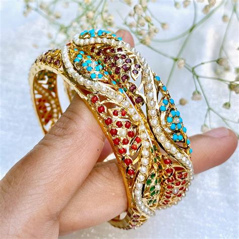 Gold Plated Navrattan Bangles on Sterling Silver BG 048