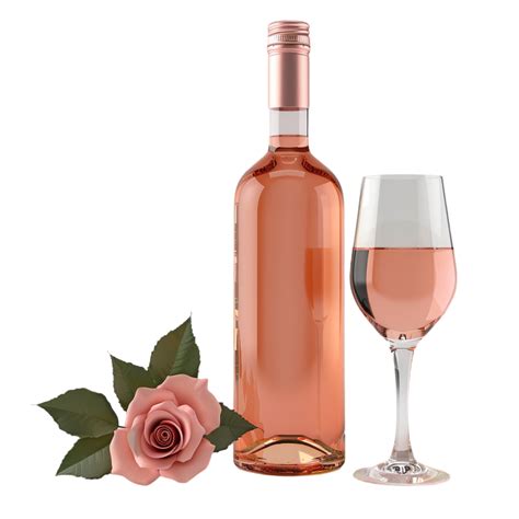 Rose Wine Bottle and glass with rose on transparent background ...