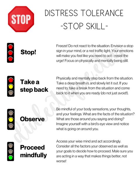 DBT STOP Skill - Distress Tolerance Handout for Dialectical Behaviour Therapy Patients - Visual ...