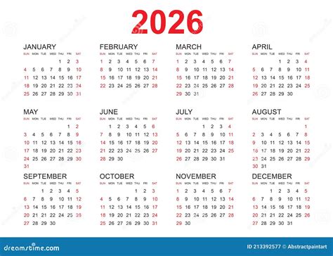 Simple 2026 Year Calendar Week Starts On Sunday Stock Vector Image - Vrogue