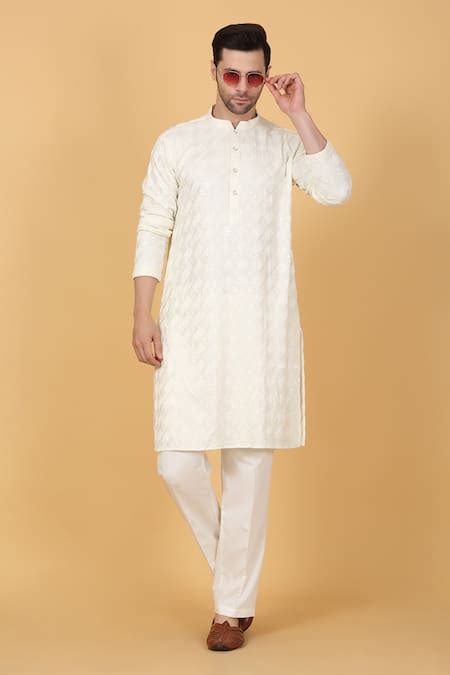 Buy Cream Cotton Sequins, Embroidery Floral Kurta Set For Men by Aham ...