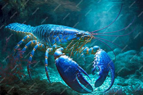 Langosta grande de color azul brillante flota en el fondo del mar ...