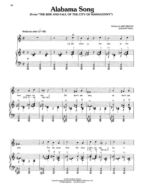 Alabama Song by Kurt Weill Sheet Music for Piano, Vocal & Guitar Chords ...