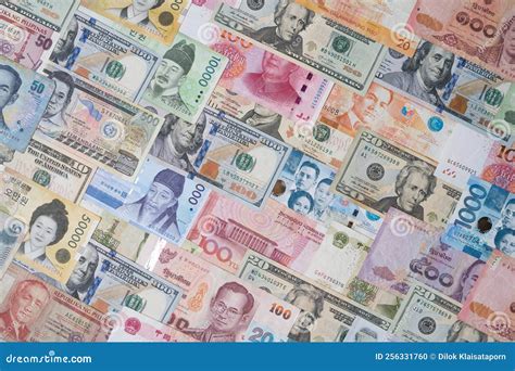 Top View of Various of International Banknote Include Dollar Yuan Won Baht Peso for Currency ...