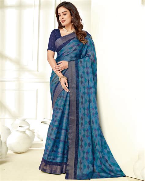 Vishal Prints Ink Blue Ikkat Digital Print Saree With Diamond Work And