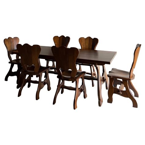 Brutalist Oak Dining Table Set with Six Chairs, Netherlands, 1970s For ...