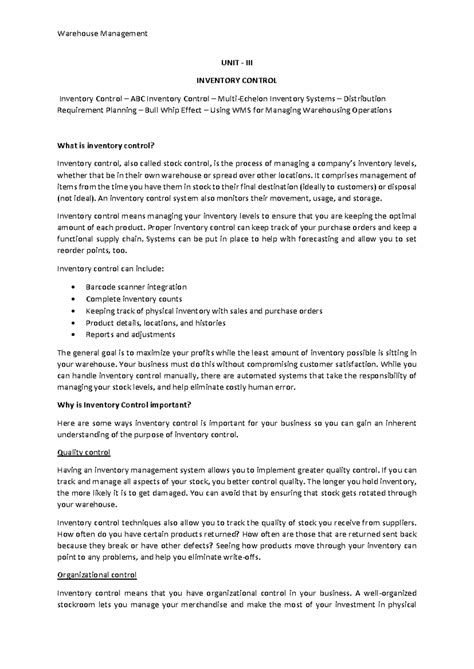Unit 3: Inventory Control & Optimization Strategies in Warehousing ...