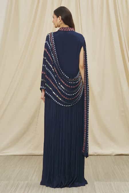 Buy Blue Chiffon Mirror, Bead And Cut Dana Work High Neck Embroidered ...