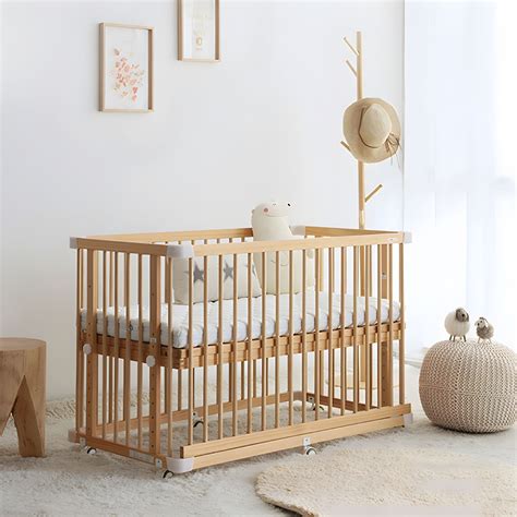 Modern Wood Standard Crib with Guardrails, Locking Wheels, and Medium ...