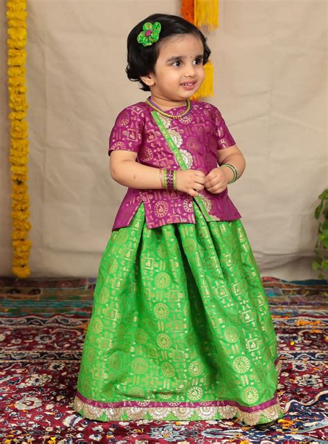 Parrot green brocade parkar with golden border and purple highlight te ...