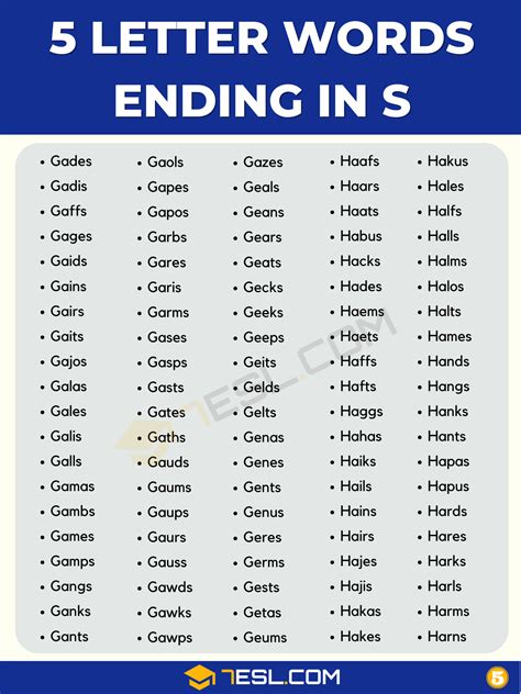 5 Letter Words Ending in S (3500+ English Words) • 7ESL
