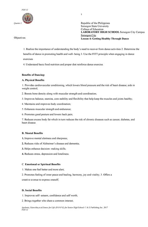 Lesson 4- Getting Healthy Through Dance final copy - PEH 12 Quarter 1 ...
