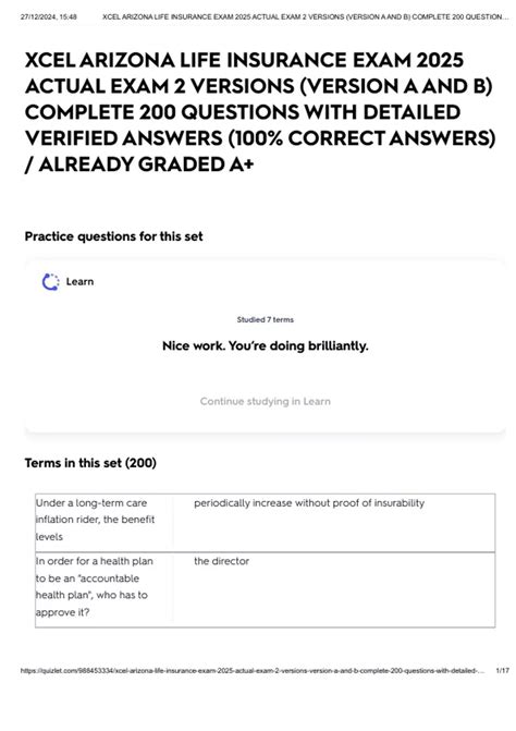 XCEL ARIZONA LIFE INSURANCE EXAM 2025 ACTUAL EXAM 2 VERSIONS (VERSION A ...
