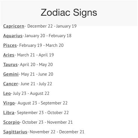 Zodiac Signs with Dates and Times