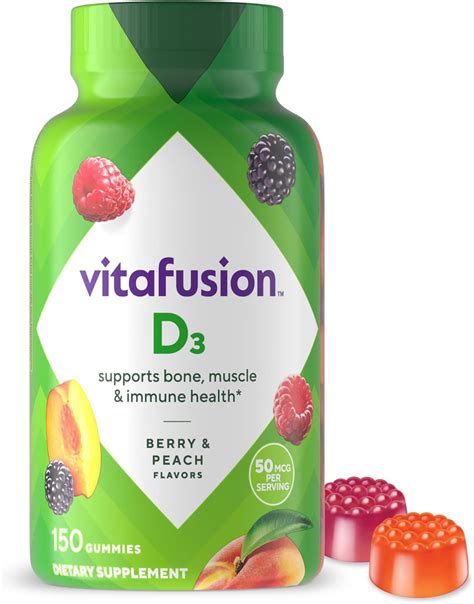 Vitafusion Vitamin D3 Gummy Vitamins for Bone and Immune System Support, Peach, Blackberry and ...