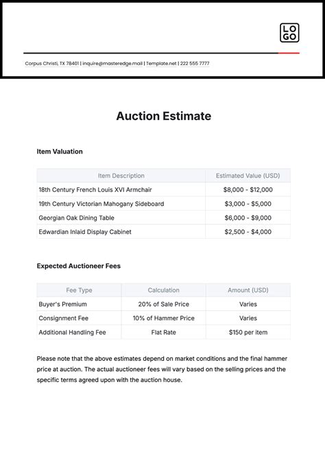 Free Auction Estimate Template to Edit Online