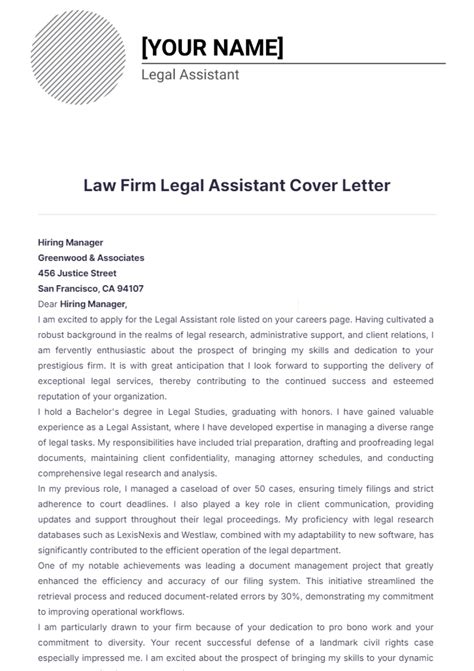 Free Law Firm Legal Assistant Cover Letter Template to Edit Online