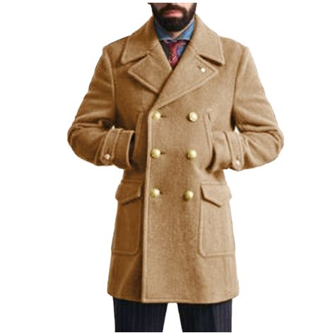Men's Wool Blend Trench Coat Winter Military Double-Breasted Warm ...