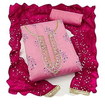 Buy MANVAA Women'S Pink Unstitched Fancy Hand Work, Heavy Border And ...