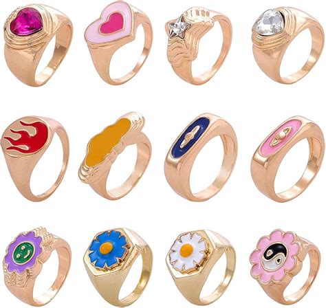 Buy Formery 12pcs Chunky Rhinestone Gem Stacking Rings Gold Thick Dome ...