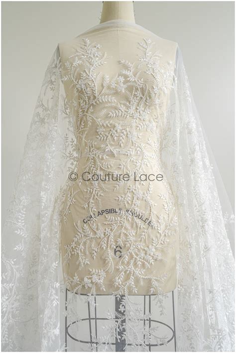Beaded Lace Fabric/ White Beaded Wedding Dress Lace/ Off-white Couture Lace Fabric/ Pearl Beaded ...