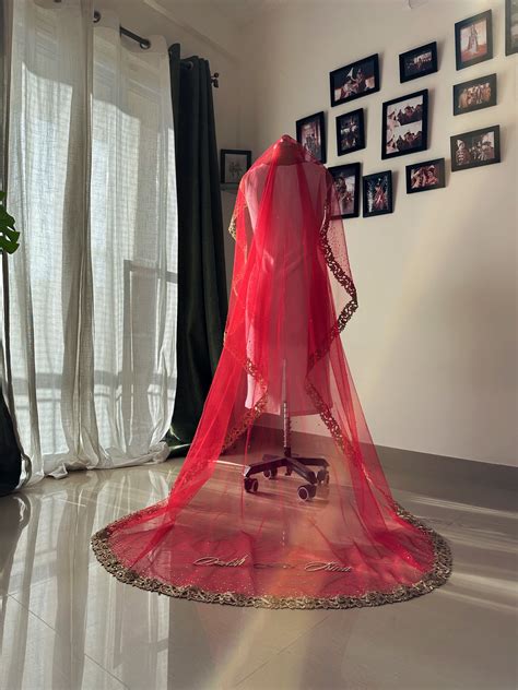 Ruby woo - A Red Chapel length Veil with Ombre stone embellishment ...