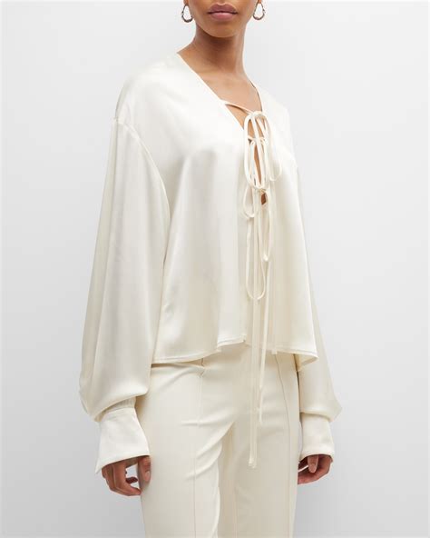 UNTTLD Lily Tulle-Ruffle Neck-Tie Blouse | Neiman Marcus