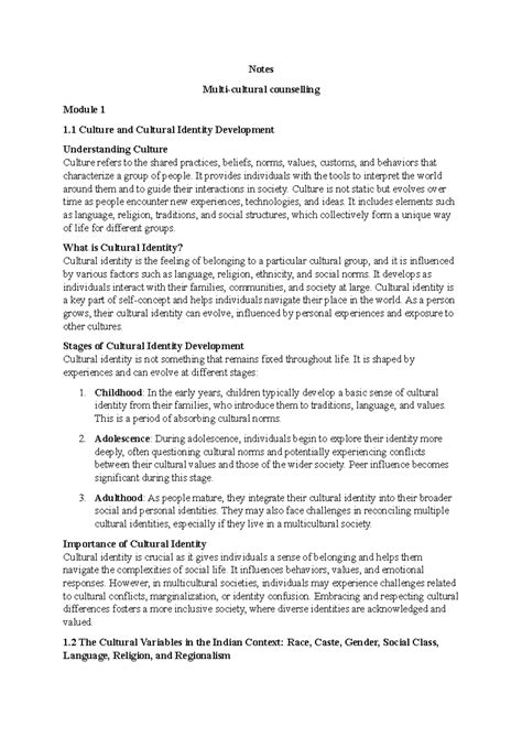 Multi-cultural counselling notes - Notes Multi-cultural counselling ...