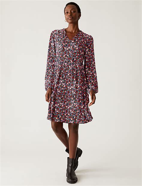 Buy Printed Tie Neck Tiered Dress at Marks & Spencer