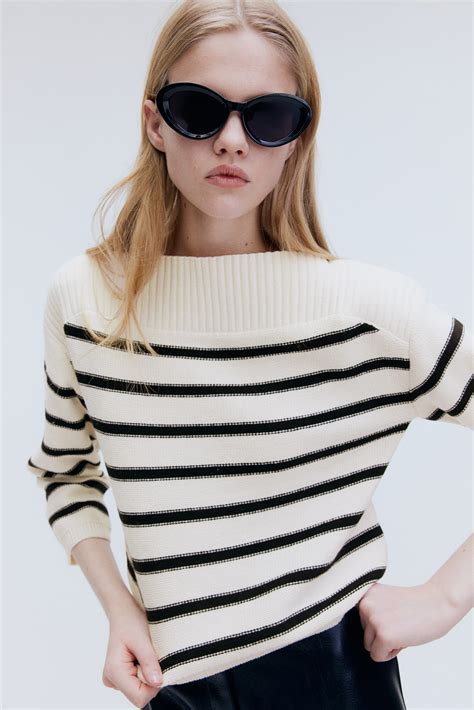 Purl-Knit Boat-Neck Sweater - Cream/striped - Ladies | H&M US