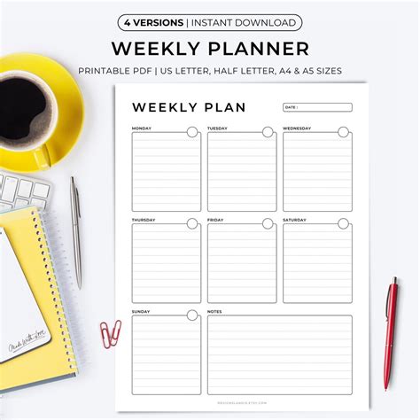 Weekly Planner Printable, Weekly Schedule, Weekly at a Glance, Weekly ...