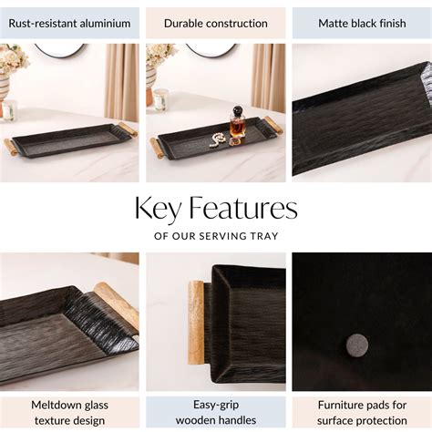 Matte Black Rectangle Metal Tray With Wooden Handle 19x6 Inch Online ...