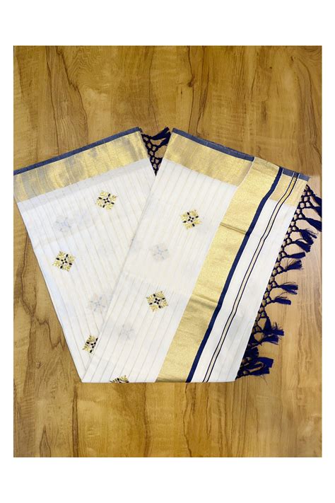 Kerala Cotton Kasavu Lines Saree with Blue and Golden Floral Embroider ...
