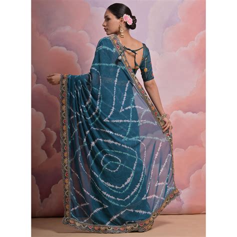 Teal Printed With Embroidered Border Georgette Saree