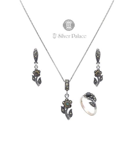 92.5 Sterling Silver Prite Collections Green Onyx Marcasite Pendant Set ...