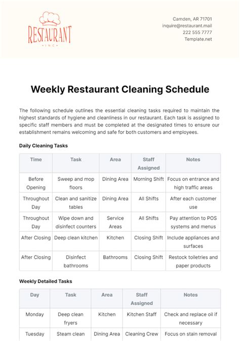 Free Weekly Restaurant Cleaning Schedule Template to Edit Online